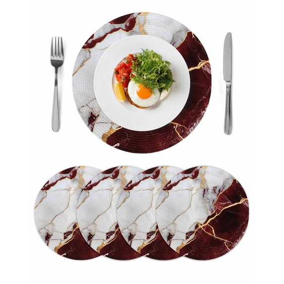 Marble Red Round 13 Inch Placemats Set of 4, Modern Abstract Gold White Brick Stone Motif HeatResistant Non Slip Place Mats for Dining Table, Wipeable Braided Kitchen Table Mats for Housewarming