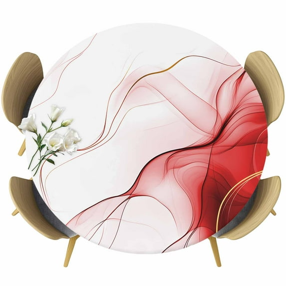 Marble Red Round Tablecloth 36-44 Inch Round Fitted Table Cloth with Elastic Edge, Gold White Modern Gradient Ocean Wavy Ripple Waterproof Table Cover Protector for Outdoor Picnic Party Dining