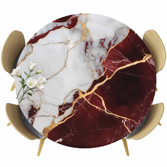 Marble Red Round Tablecloth, Fitted Table Cover with Elastic for 55"-60" Round Tables, Modern Abstract Gold White Brick Stone Motif Table Cloth Outdoor Indoor Dinning Party Waterproof Tablecloths