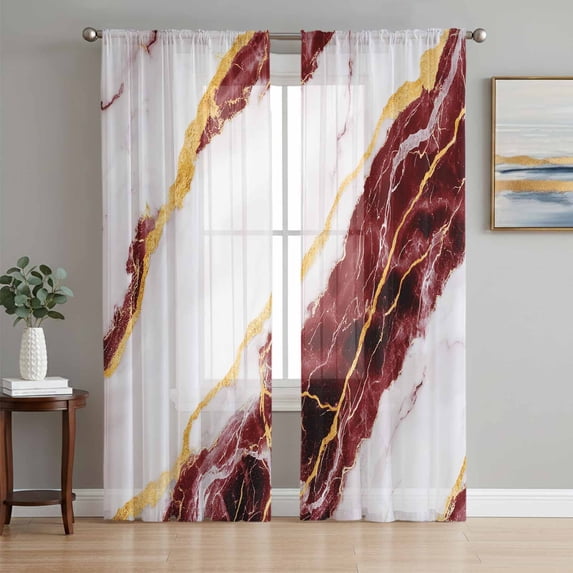 Marble Red Sheer Curtains 72 Inch Length 2 Panels Set, Gold Foil Ceramic Style Cracks Scratches Voile Window Treatment Rod Pocket Curtains Sheers Drapes for Bedroom/Living Room/Kitchen 52"x72"x2