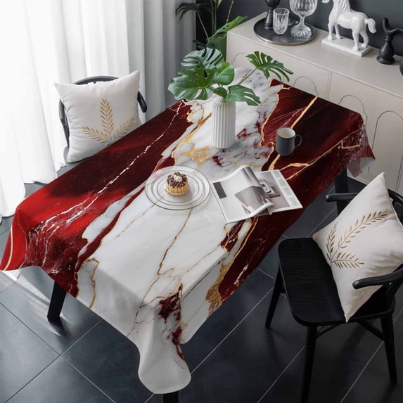 Marble Red Table Cloth Waterproof Tablecloths, Modern Abstract Gold White Brick Stone Motif Tablecloth Dining Table Cover for Kitchen Party Tabletop Outdoor, Rectangle Tablecloth 54x108 Inch