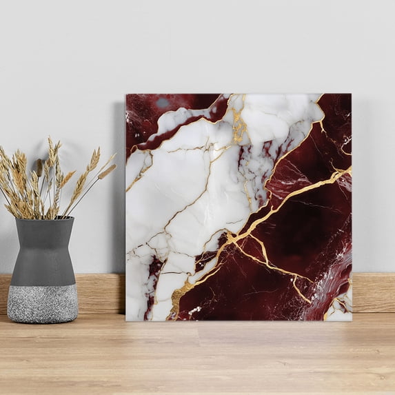 Marble Red Wall Art Painting on Canvas, Modern Abstract Gold White Brick Stone Motif Canvas Art Home Prints Wall Art Framed Modern Artwork for Living Room Bedroom Wall Decor 12x12in