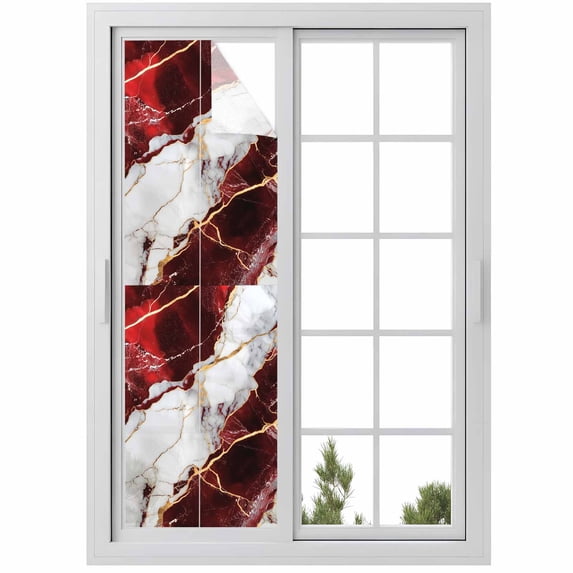Marble Red Window Privacy Film, Modern Abstract Gold White Brick Stone Motif Static Cling UV Sun Blocking Heat Control Window Tint, Non-Adhesive One Way Windows Privacy Cover 17.7''x78.7''
