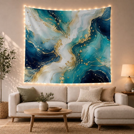 Marble Ribbons in Diagonal Blue and Gold Bands, Dreamy Abstract for Art Lovers, Mineral Decor, Housewarming Gift, Tapestry Wall Hanging for Bedroom, Living Room and Studio
