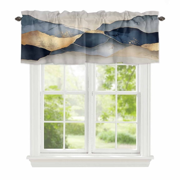 Marble Rock Texture Window Valance Curtain Gold Blue Rod Pocket Valance for Windows Short Curtain for Living Room, Bedroom & Kitchen Window Decor 42x12in