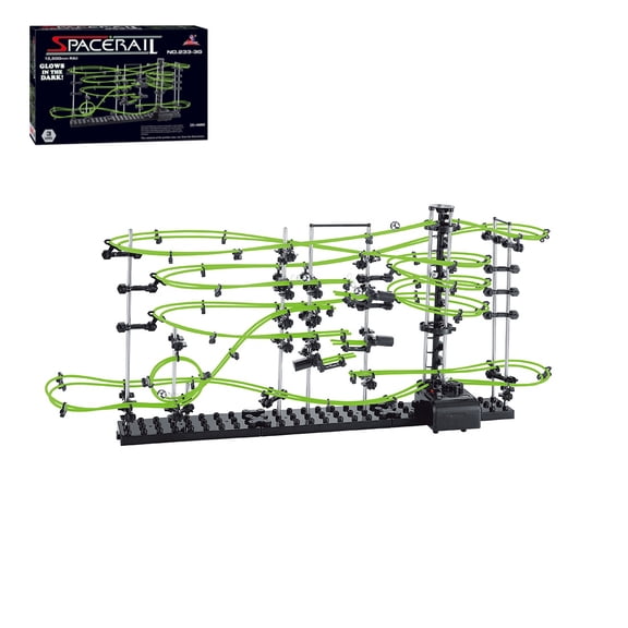 Marble Roller Coaster Kit Level 3, 343pcs Glow in The Dark Marble Run with 3 Steel Balls, DIY Space Track Building Set for Adults
