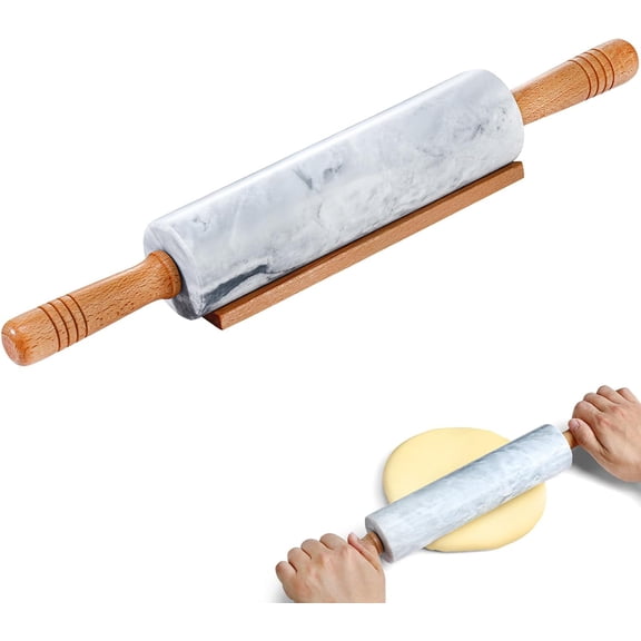 Marble Rolling Pin - 18.9" Marble Rolling Pins for Baking, Pastry, Pizza Dough & More - Polished Non-Stick Surface, Long Dough Roller with Wooden Handles & Base