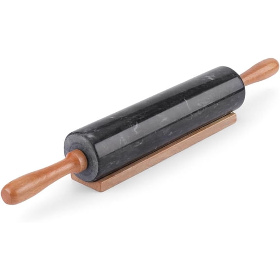 Marble Rolling Pin Heavy Nonstick Stone Dough Roller - 10 Inch Polished Barrel with Wooden Handles & Cradle Stand for Baking Pastry Bread Pizza Cookies Pie Crust Pasta Tortillas (Black)