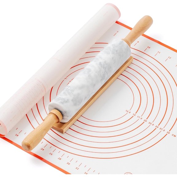 Marble Rolling Pin with Non-Stick Silicone Mat & Wood Base, 16.9-Inch Heavy Weight Dough Roller for Pizza Crust, Cookies, Pasta, Fondant, Pastry Polished Non-Stick Surface White (WH076)