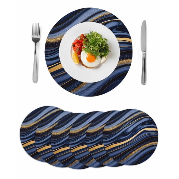 Marble Round 13 Inch Placemats Set of 6, Navy Blue Modern Abstract Gold Gradual Art HeatResistant Non Slip Place Mats for Dining Table, Wipeable Braided Kitchen Table Mats for Housewarming