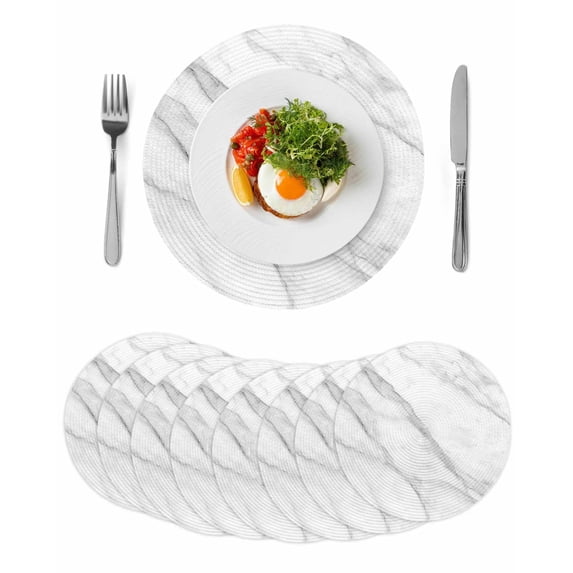 Marble Round 15 Inch Placemats Set of 8, Modern Grey White Rock Monochrome Simple HeatResistant Non Slip Place Mats for Dining Table, Wipeable Braided Kitchen Table Mats for Housewarming