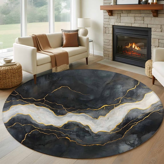 Marble Round Area Rug 5 FT, Non Slip Bedroom Rugs, Black Grey Modern Luxury Gold Washable Soft Circular Carpet Non-Shedding Floor Mat for Kitchen Dining Room Foyer Balcony Dorm