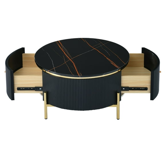 Marble Round Coffee Table Modern Round with 2 Drawers 4 Drawers Marble Pattern Center Sofa Table for Living Room Apartment Home Office (31.5"L x 31.5"W x 16.7"H) Black