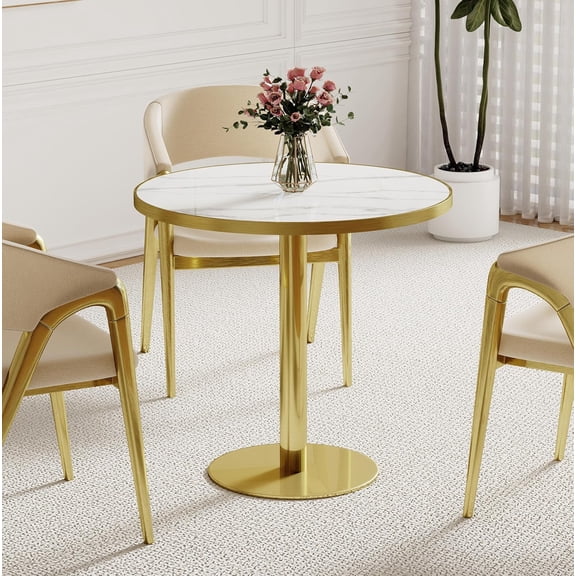 Marble Round Dining Table,31.5" Tulip Table Bistro Table for 2-4 People,Modern Kitchen Dining Room Furniture with Sintered Stone Tabletop and Stainless Steel Pedestal for Small Places (Gold2)