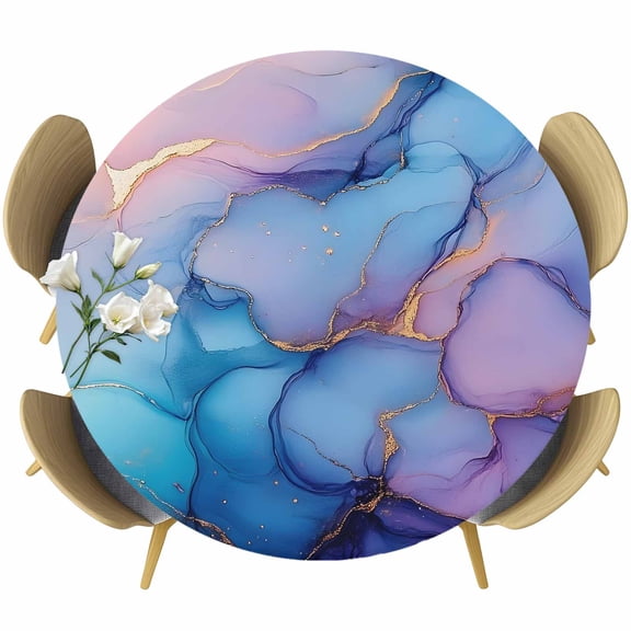 Marble Round Fitted Table Cover Abstract Art Purple Blue Gradient Cave Rock Golden Lines Waterproof Table Cloth with Elastic Edge Wipeable Tablecloth for Picnic Camping Party Fits 36"-44" Diameter