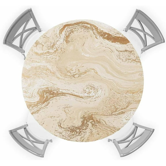 Marble Round Fitted Tablecloth Abstract Fluid Art Beige Brown Marble Texture Modern Elastic Table Cloth Waterproof Oil Proof Table Cover Fits 45"-52" Round Tables for Party Picnic Dinner Decor