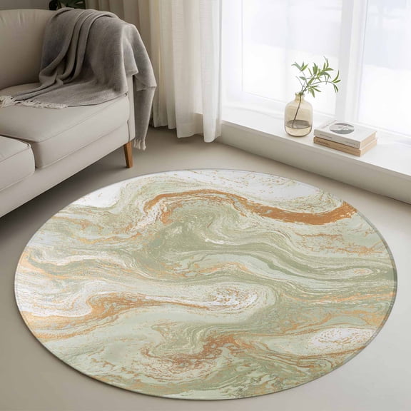 Marble Round Living Room Rugs 3.3 ft, Abstract Fluid Art Green Brown Marble Texture Modern Washable Area Rug with Non-Slip Sturdy Edge Binding Round Front Door Mat Floor Carpet for Entryway