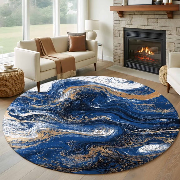 Marble Round Living Room Rugs 6 ft, Abstract Fluid Art Dark Blue Brown Marble Texture Modern Washable Area Rug with Non-Slip Sturdy Edge Binding Round Carpet for Kitchen Office Bedroom