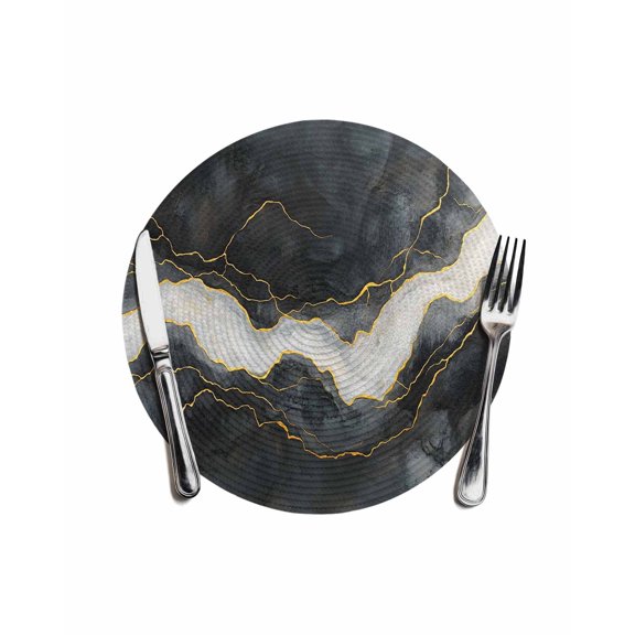 Marble Round Placemats for Dinning Tables, Heat-proof Braided Table Mats 13 Inch, Black Grey Modern Luxury Gold Washable Place Mat for Kitchen Restaurant Party Decor Supplies Table Setting