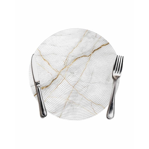 Marble Round Placemats for Dinning Tables, Heat-proof Braided Table Mats 13 Inch, Grey Golden Crack Minimalistic Abstract Washable Place Mat for Kitchen Restaurant Party Decor Supplies Table Setting