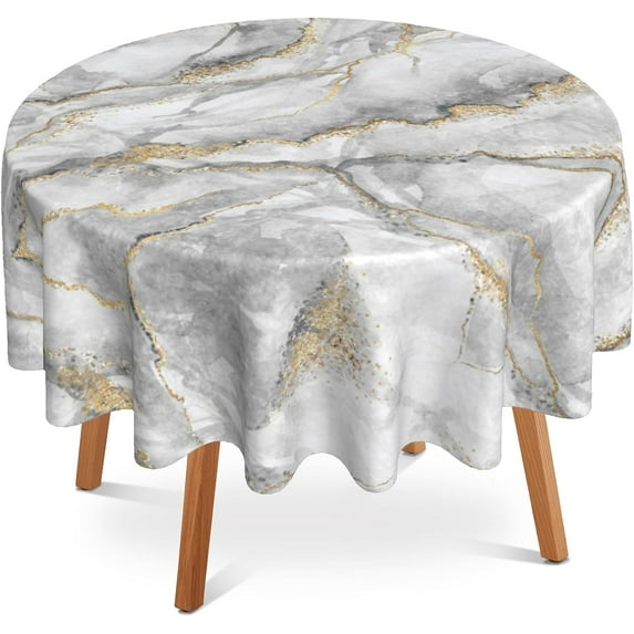Marble Round Tablecloth 60" Diameter for Indoor and Outdoor,White Golden Marble Waterproof Table Cloth Cover Decorative for Party and \u200bCamping Holiday Dinning Tabletop Home Décor