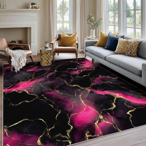 Marble Rug Bedroom, Hot Pink Modern Abstract Pattern Washable Area Rugs for Living Room, Marble Home Decor Non Slip Carpet, Soft Ultra Thin Design-5' x 8'