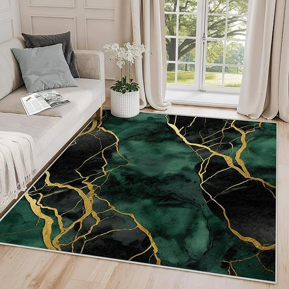 Marble Rug, Emerald Green Black Gold Area Rug, Abstract Luxury Modern Carpet, Washable & Non Slip & Soft Large Rugs, Marble Home Decor Gifts 3 x 4ft