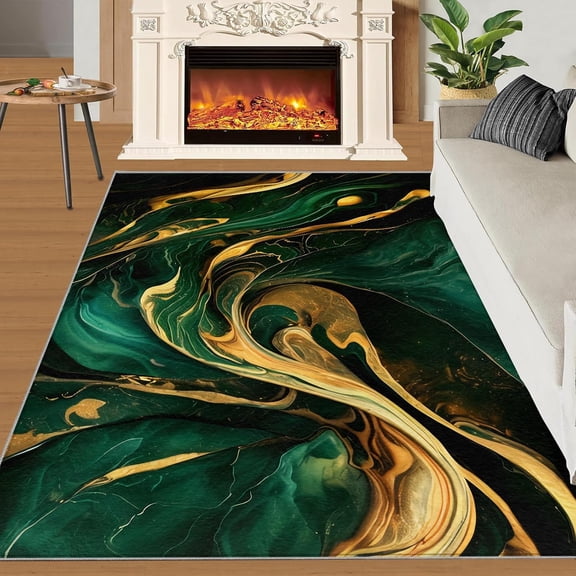 Marble Rug Home Decor, Emerald Green Gold Rugs for Living Room Bedroom, Retro Abstract Light Luxury Rug, Washable Rug Soft Low-Pile Area Rug for Apartment-2' x 3'