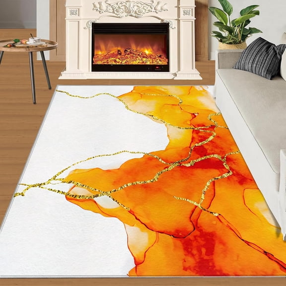 Marble Rug Home Decor, Orange Gold Lines Rugs for Living Room Bedroom, Modern Abstract Rug, Washable Rug Soft Portable Non-Slip Area Rug for Floor Rug-5' x 8'