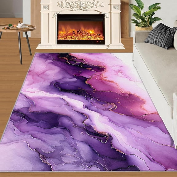Marble Rug Home Decor, Purple Gold Rugs for Living Room Bedroom, Modern Abstract Rug, Washable Rug Non Slip Soft Low-Pile Indoor Area Rug for Dining Room-3' x 5'