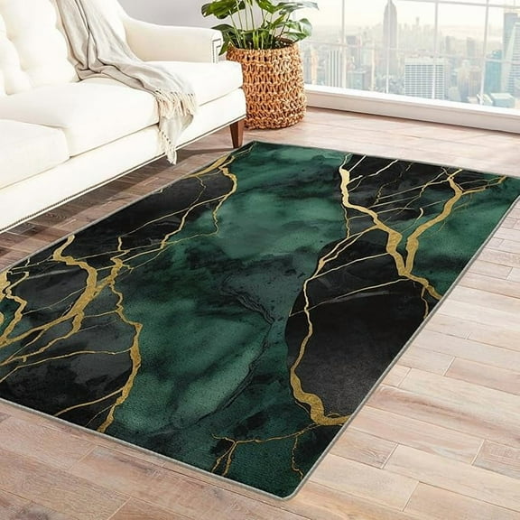 Marble Rug & Home Decor - Washable Rug - Emerald Green Black Gold Rugs For Living Room Bedroom - Non Slip Soft Indoor Large Area Rug - Modern Abstract Carpet - Marble Room Decor 4' x 5'