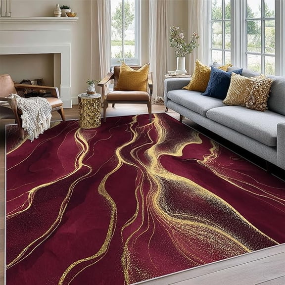 Marble Rug Large, Burgundy Red Gold Modern Abstract Area Rugs for Living Room Bedroom Kitchen, Marble Home Decor Carpet, Washable, Non Slip, Soft, Low Pile 5x7ft