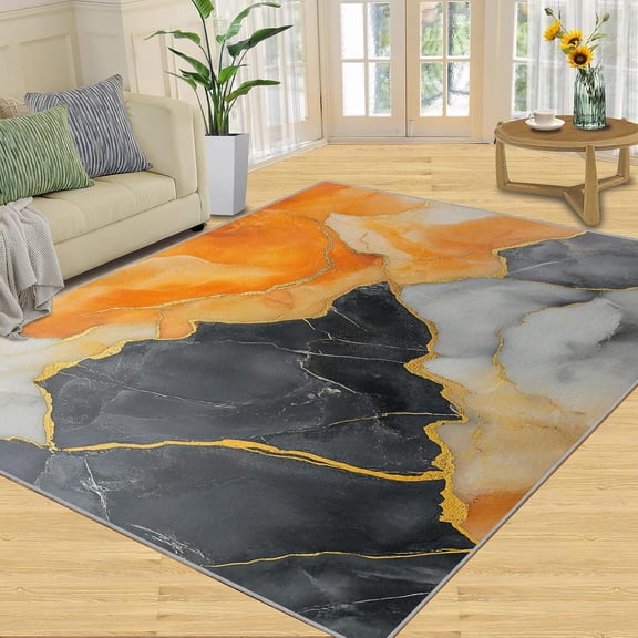 Marble Rug for Living Room, Abstract Marble Area Rug, Orange Black & Golden Washable Rugs for Bedroom, Non Slip Stone Texture Indoor Carpet Home Decor, Fluids Art Gifts-2' x 3'