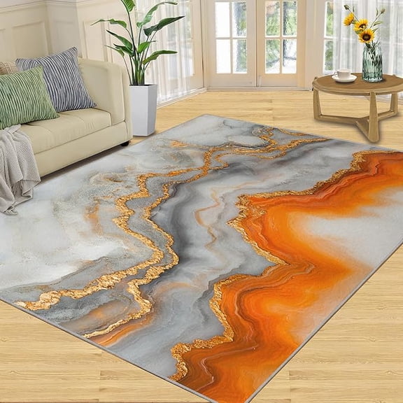 Marble Rugs for Bedroom, Gray Orange Gold Marble Area Rug, Luxury Texture Rugs for Living Room, Indoor Non-Slip Rug, Machine Washable Carpet for Front Entrance Floor Decor 2 x 3ft