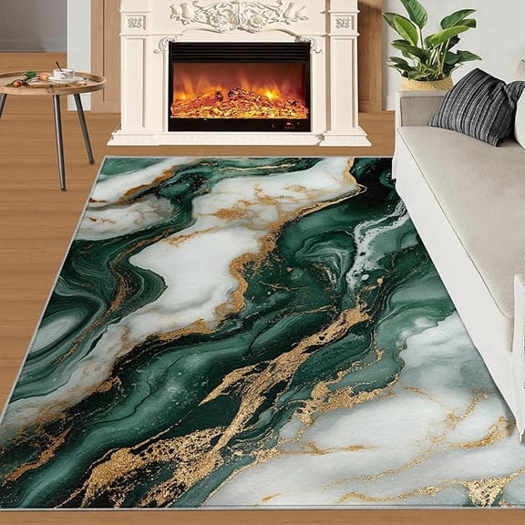 Marble Rugs for Bedroom, Light Luxury Marble Area Rug, Green Gold Texture Rugs for Living Room, Indoor Non-Slip Rug, Machine Washable Carpet for Front Entrance Floor Decor 5 x 8ft