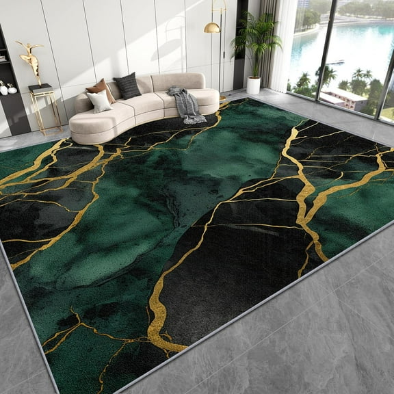 Marble Rugs for Bedroom, Marble Abstract Luxury Modern Emerald Green Gold Area Rug, Soft Low Pile Carpets, Washable Non Slip Mats for Home Decor 5x8ft