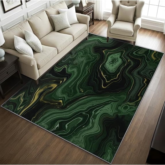 Marble Rugs for Bedroom -Marble Swirl Rug, Emerald Green and Gold Washable Rugs for Living Room, Modern Abstract Area Rug for Bedroom, Luxury Home Decor & Gifts 2 x 3ft