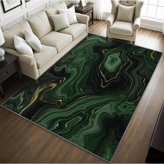 Marble Rugs for Bedroom -Marble Swirl Rug, Emerald Green and Gold Washable Rugs for Living Room, Modern Abstract Area Rug for Bedroom, Luxury Home Decor & Gifts 4 x 5ft