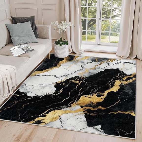 Marble Rugs for Bedroom - Modern Rug, Marble Black and White Gold Area Rug, Abstract Luxury Carpet, Washable & Non Slip & Soft Large Rugs, Modern Home Decor Gifts 2 x 3ft