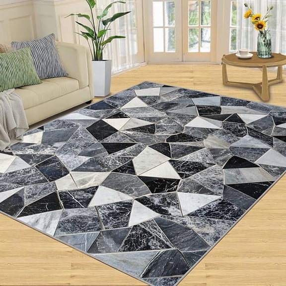 Marble Rugs - Black and White Grey Marble Area Rugs for Bedroom, Geometric Rug Large, Light Luxury Mat, Low Pile Carpet, Modern Home Decor & Gifts 5 x 6ft