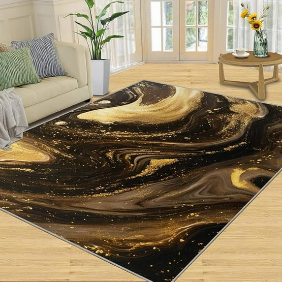 Marble Rugs For Bedroom - Area Rug - Black Gold Marble Rugs For Living Room, Abstract Fluid Art Rug, Washable Home Decor Carpet 5x8ft