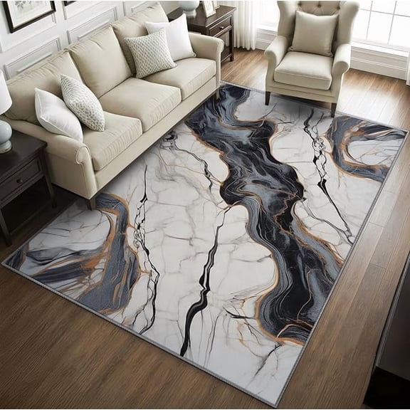 Marble Rugs for Kitchen -Grey and White Marble Rug, Abstract Washable Rugs for Living Room, Modern Agate Area Rug for Bedroom, Luxury Contemporary Home Decor & Gifts 2 x 3ft
