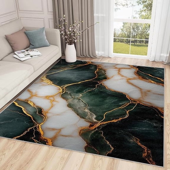 Marble Rugs for Living Room, Abstract Luxury Rug - Home Decor, Emerald Green and Gold Washable Rugs for Living Room Bedroom, Modern Agate Area Rug, Contemporary Carpet, Marble Gift 5 x 8ft