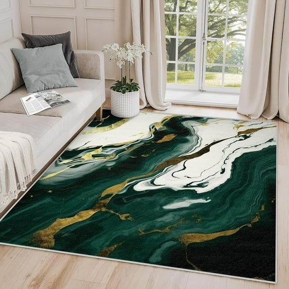 Marble Rugs For Living Room - Emerald Green White Gold Area Rug, Abstract Luxury Modern Carpet, Washable & Non Slip & Soft Large Rugs, Marble Home Decor Gifts 1x2ft