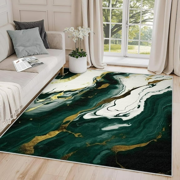Marble Rugs For Living Room - Emerald Green White Gold Area Rug, Abstract Luxury Modern Carpet, Washable & Non Slip & Soft Large Rugs, Marble Home Decor Gifts 5x6ft