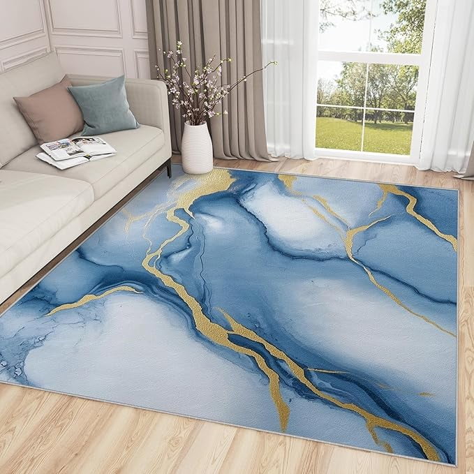 Marble Rugs For Living Room - Marble Rug - White Blue And Gold Area Rug ...