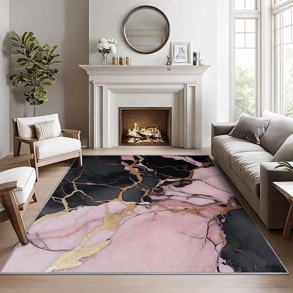 Marble Rugs for Living Room -Pink Gold Black Marble Rug, Luxury Abstract Washable Rugs for Living Room, Modern Contemporary Area Rug for Bedroom, Agate Home Decor & Gifts 5 x 7ft