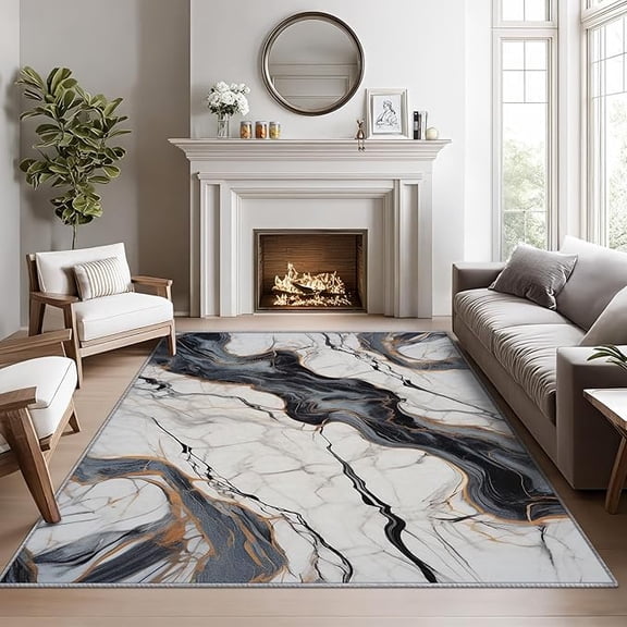 Marble Rugs for Kitchen, Grey and White Marble Rug, Abstract Area Rugs for Living Room Bedroom, Modern Agate Washable Rug Non-Slip Carpet 1x2ft