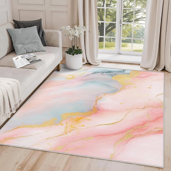 Marble Rugs for Living Room , Abstract Modern Luxury Area Rug, Pastel Pink Gold Carpet, Washable Non Slip Soft Rugs, Marble Home Decor-5' x 8'