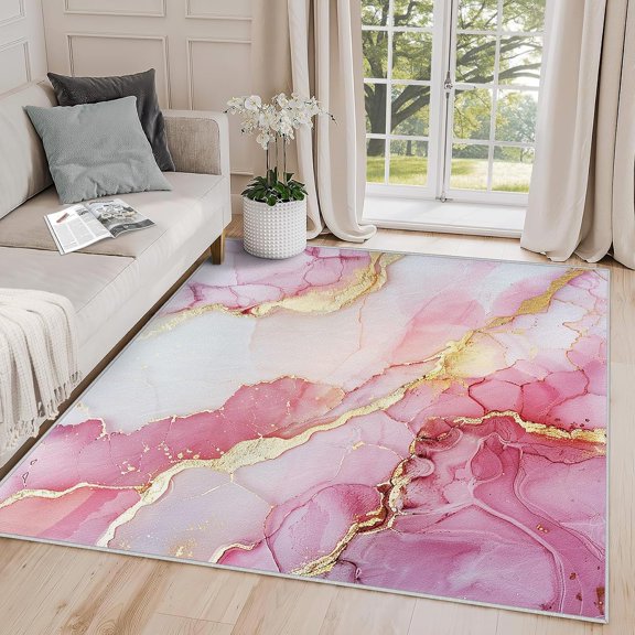 Marble Rugs for Living Room,Abstract Modern Luxury Area Rug, Pink and Gold Carpet, Washable Non Slip Soft Rugs, Marble Home Decor-5' x 8'
